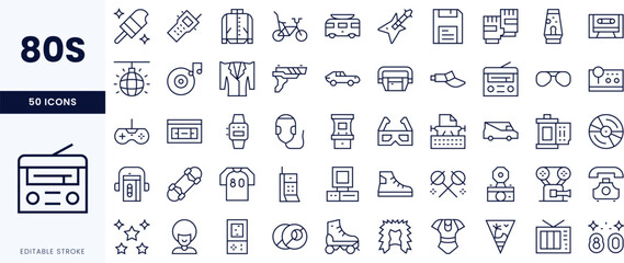 A vibrant collection of 80s icons featuring a mix of entertainment, fashion, and technology symbols in a retro style. Perfect for nostalgia lovers.