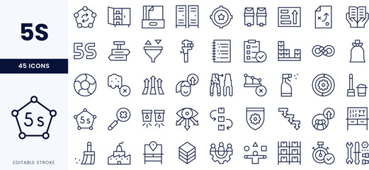 A collection of 45 line icons representing the 5S methodology, including organization tools and productivity symbols, suitable for business settings.