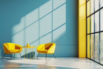High Detail Picture of Modern Office Interior with Yellow Furniture and Blue Walls