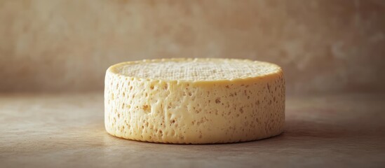 Round cheese on table, rustic background, food photography