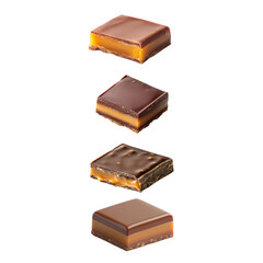 Parametric design of one-piece caramel and chocolate bar with caramel filling. white background