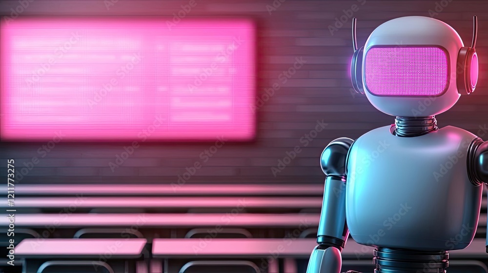 Poster digital mentor ai idea. a futuristic classroom featuring a robot standing in front of digital screen