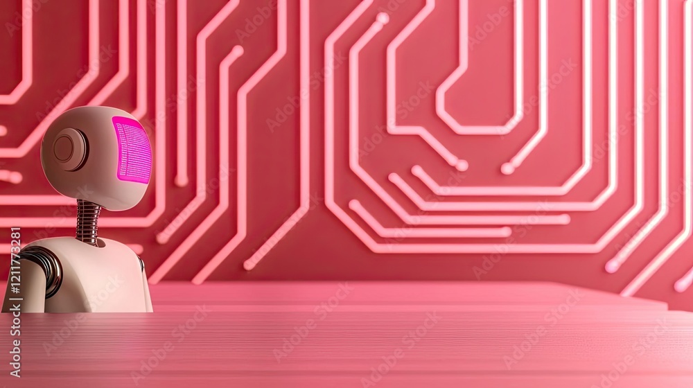 Poster digital mentor ai idea. futuristic robot exploring digital connections with a vibrant circuit backdr