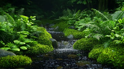 Serene Flowing Stream Surrounded by Lush Green Foliage and Rocks