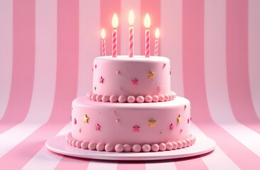 A cake with five candles , a greeting card with copy space with a striped pink and white background