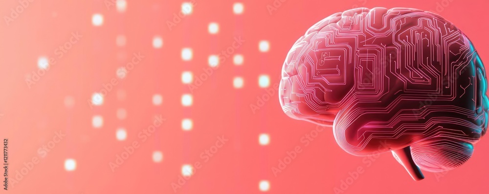 Poster digital mentor ai idea. a futuristic brain illustration with circuit patterns on a vibrant backgroun