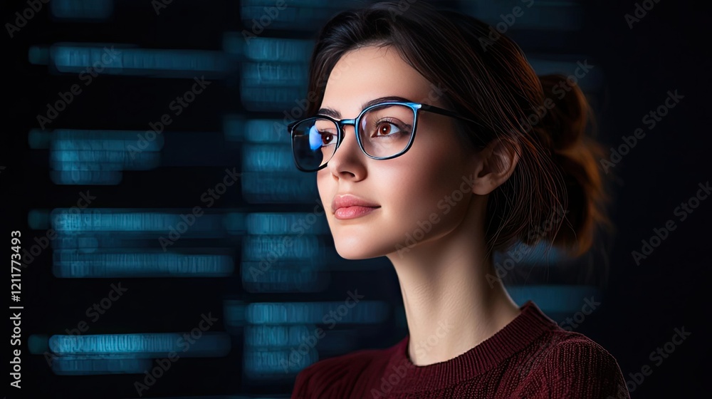 Poster digital classroom ai idea. a focused woman in glasses looking thoughtfully at data on a computer scr