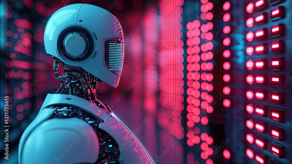 Aufkleber digital mentor ai idea. futuristic robot in a data center, surrounded by glowing servers and digital