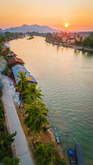 vertical Aerial drone at sunset of Don det and 4000 island South Laos travel destination on Mekong...