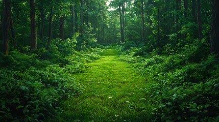 Obraz premium Serene Green Forest Pathway through Lush Verdant Landscape