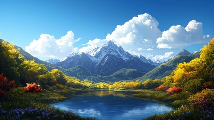 Fototapeta premium Scenic Autumn Landscape with Snowy Mountains and Calm Lake Reflection