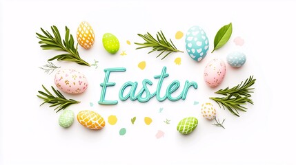 "Easter" text surrounded by colorful eggs and sprigs of greenery on a white background. Perfect for holiday greetings and festive designs.