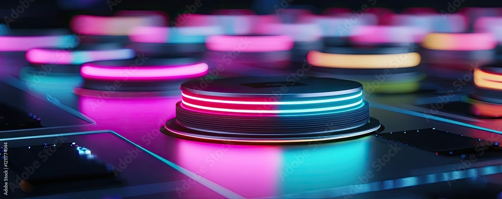 Poster education technology ai concept. a vibrant close-up of illuminated control buttons in various colors