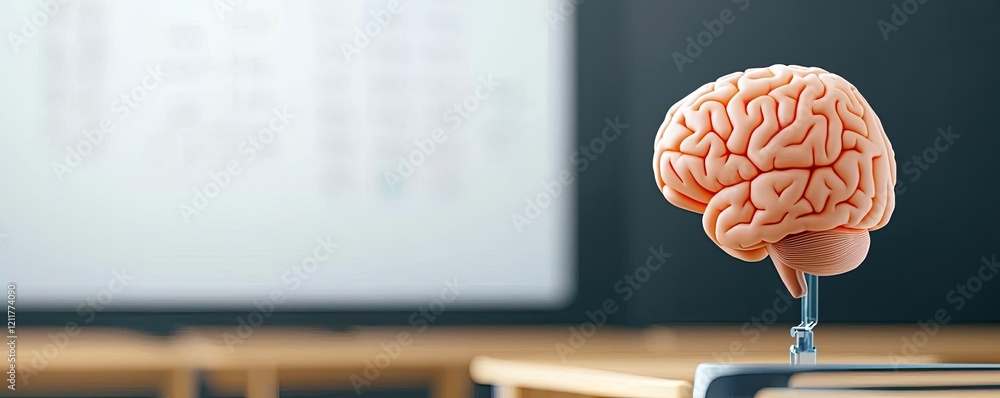 Poster digital classroom ai idea. a human brain model on a classroom table, symbolizing learning and knowle