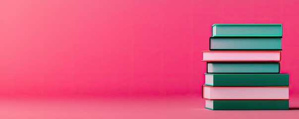 Fototapeta premium Education technology ai concept. Colorful stacked books on a vibrant pink background, symbolizing education and knowledge.