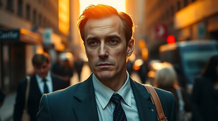 Focused Businessman in a Cityscape at Sunset
