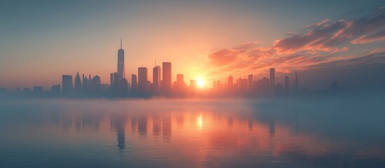 Fototapeta premium City sunrise fog harbor reflection