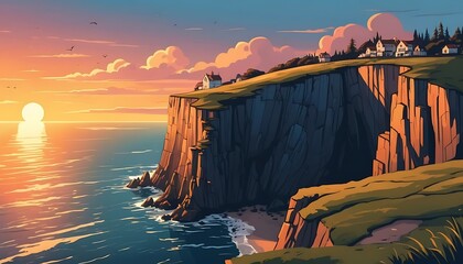 Coastal Cliffside Houses Sunset Ocean View