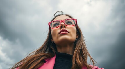 Low angle shot, woman looking up, glasses, long brown hair, pink jacket, cloudy sky background, dramatic lighting, cinematic atmosphere, contemplative expression, portrait photography, urban setting