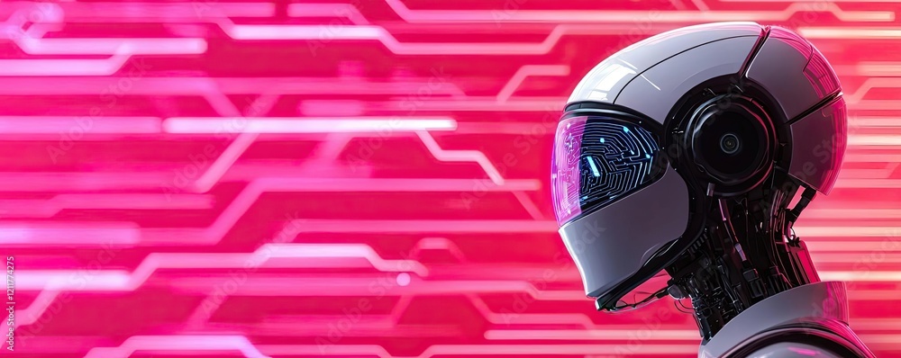 Poster digital classroom ai idea. futuristic robot head with glowing digital background, showcasing advance