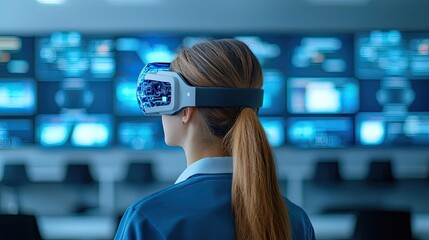 Naklejka premium Education technology ai concept. A woman wearing a virtual reality headset in a high-tech environment.