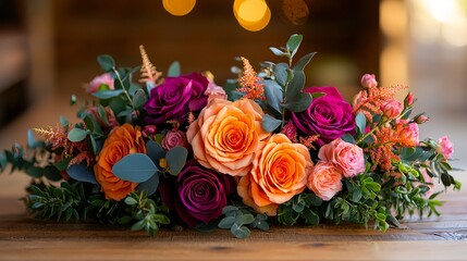 Obraz premium Vibrant Floral Arrangement with Roses and Greenery on Rustic Table