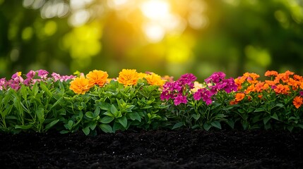 Brightly Colored Flowers against a Sunset in a Vibrant Garden Scene