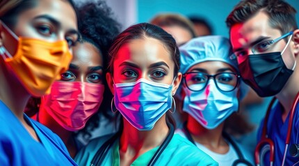 colorful masks, diverse group of people, vibrant lighting, neon colors, dramatic shadows, close-up portrait, intense gaze,
