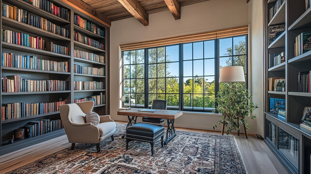luxury home library design with modern farmhouse style and built-in bookcases featuring large windows