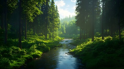 Obraz premium Lush Green Forest with Calm Stream Flowing Through Natural Landscape