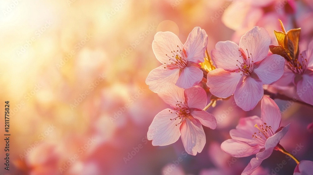 Poster cherry blossoms adorn the landscape with their delicate pink petals swaying in a gentle breeze as su