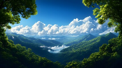 Serene Mountain Landscape with Lush Green Forest and Blue Sky