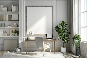 High Definition Image of 3D Rendering Home Office Room with Laptop Mock Up Frame Decorations