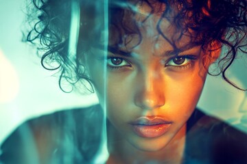 Pretty calm mixed-race girl - for ads, billboard and digital marketing use. Short coiffure - curly hair. Commercial ad concept art. Advertising model portrait. Short hair fashion portrait.