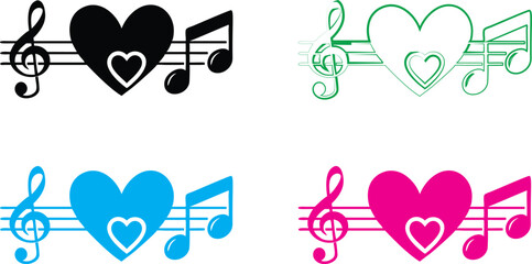 Heart-shaped musical symbols, treble clef inside heart, monochrome line art, vibrant colors, black pink blue green variations, simple iconic design, music lover concept, romantic melody, vector graphi