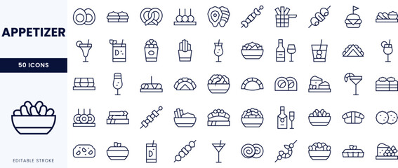 A collection of 50 line icons representing various appetizers and snacks, featuring items like cocktails, finger foods, and small bites.