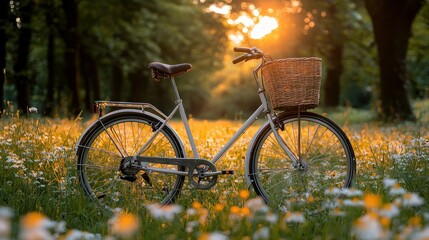 Fototapeta premium Sunset Bicycle Ride in a Flower Meadow