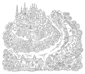 Obraz premium Black and white fantasy town landscape, street buildings, medieval castle and palace. Adults and children Coloring Book page