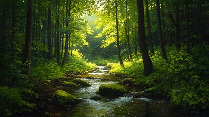 Obraz premium Tranquil Forest Stream with Sunlight Filtering Through Trees