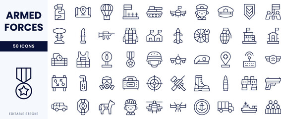 A collection of 50 icons representing various aspects of armed forces, including military equipment, personnel, and symbols in a sleek, minimalist style.