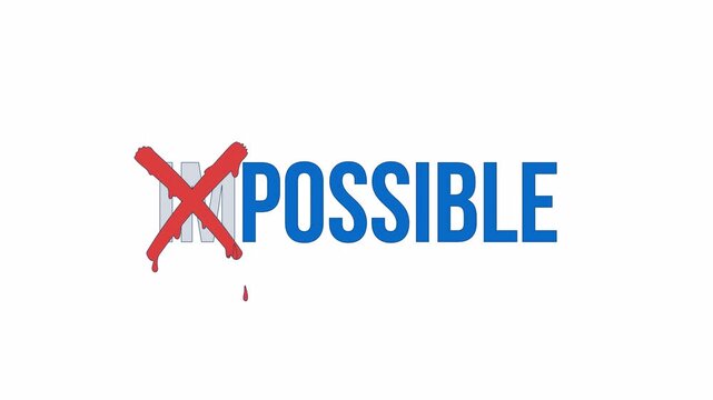Word impossible with im crossing out in dripping red paint 2D object animation. Possible, determination cartoon 4K video, alpha channel. Inspirational message animated flat item on white background