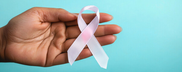 hand holding pink cancer awareness ribbon against blue background