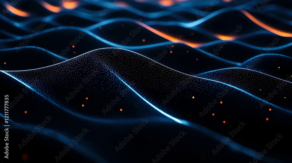 Poster abstract waves with glowing particles in dark background
