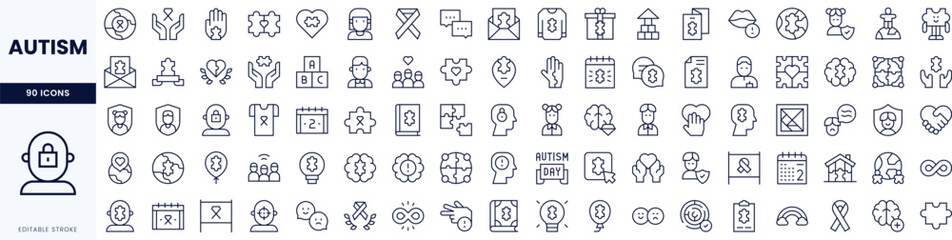 A compilation of 90 icons representing autism awareness, including symbols, educational themes, and community support elements in a clean, minimal design.