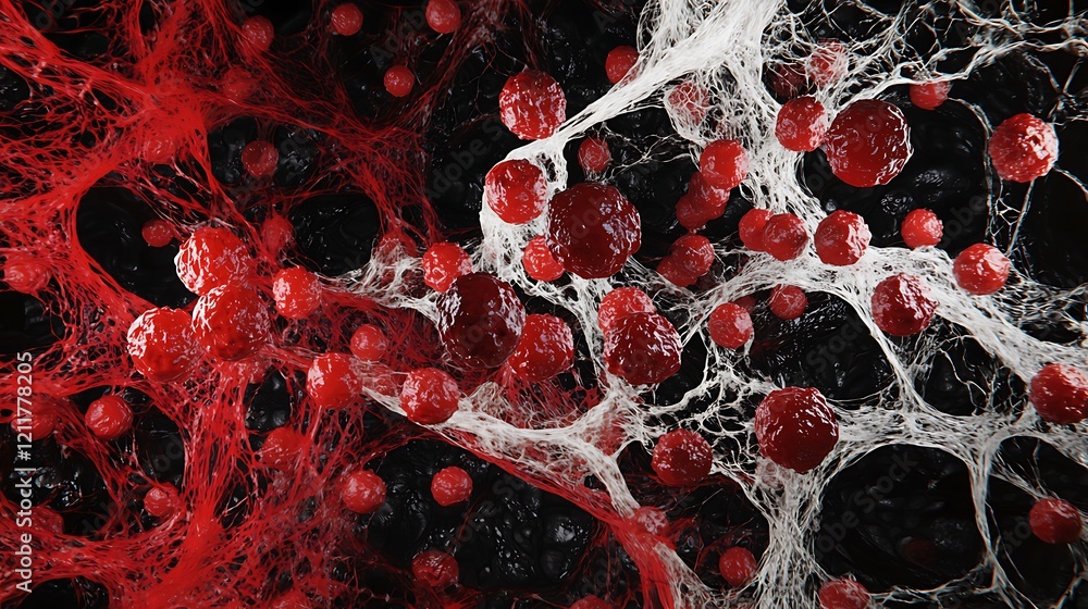 Poster abstract red and white cell structures in dark background