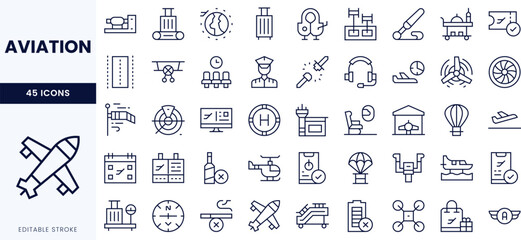 A collection of 45 aviation-themed line icons showcasing various elements of air travel, including aircraft, control towers, and equipment.