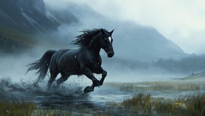 Obraz premium Majestic Black Stallion Running Through Misty Mountain Lake