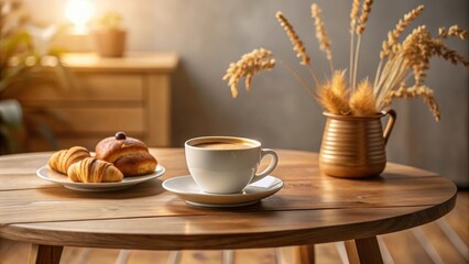 Fototapeta premium Warm morning light illuminates a table setting featuring a cup of coffee, freshly baked croissants, and a vase of dried flowers.