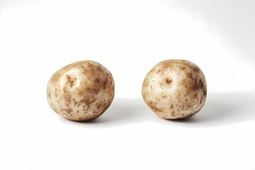 Fototapeta premium Two dirty potatoes sit on a white background