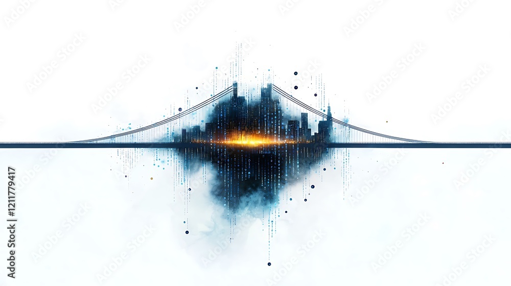 Poster a bridge made of binary code connecting people to information worldwide